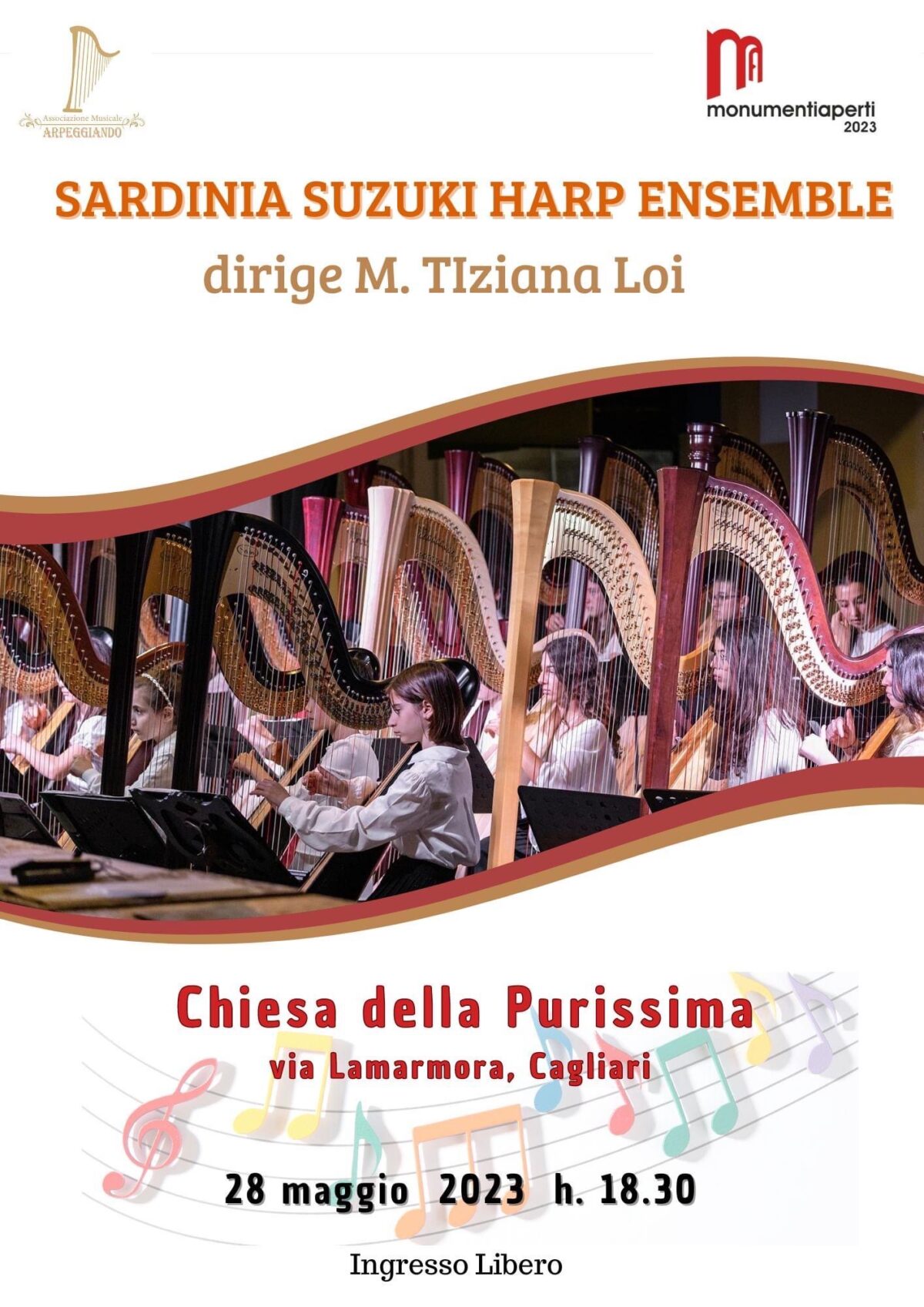 Locandina di Sardinia Suzuki Harp Ensemble a Arpeggiando Monumenti aperti 2023 nella chiesa della Purissima